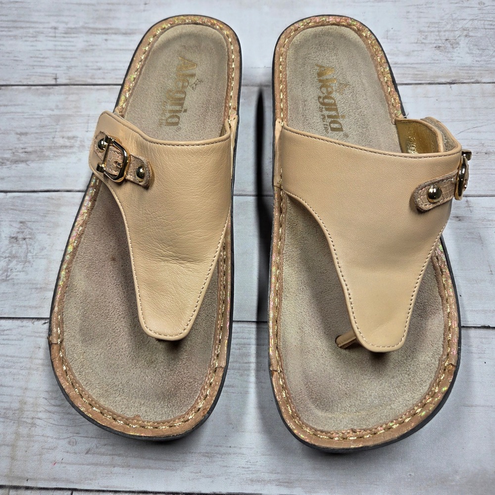 Alegria Thong Sandal Rocker Sole Women 39 Tan Leather Gold Buckle Platform‎